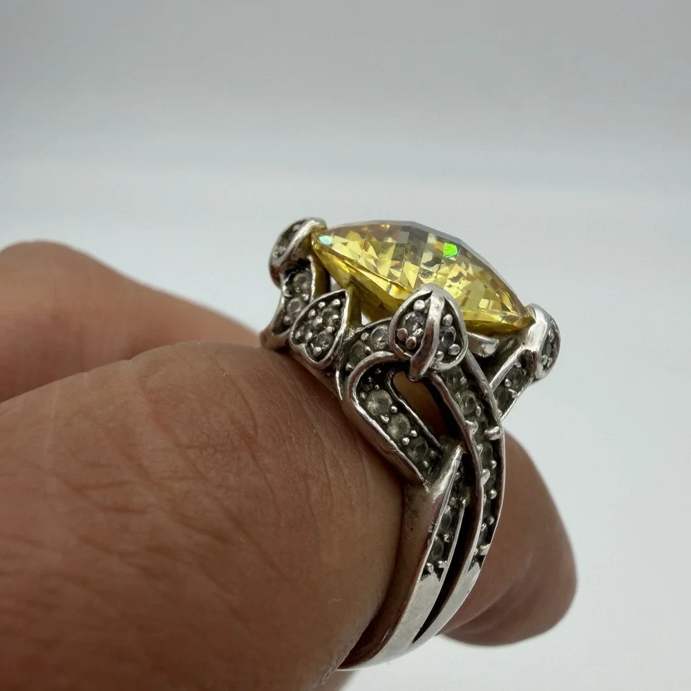 Vtg ESPO Sterling Silver Citrine‎ CZ Ring Size 6 Statement Cocktail Estate